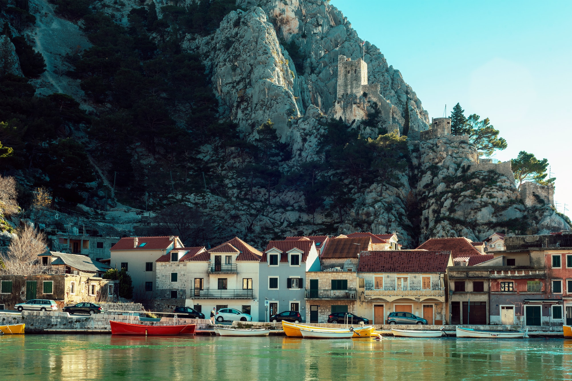Picturesque view of Omis town and mountains in Dalmatia, Croatia.